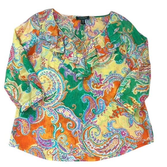 Lauren Ralph Lauren Bright Ruffled Paisley Blouse, size Medium Petite - Picture 2 of 13